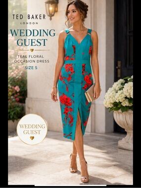 Ted Baker London Teal Floral Sheath Dress Grosgrain Strap Midi Wedding Guest